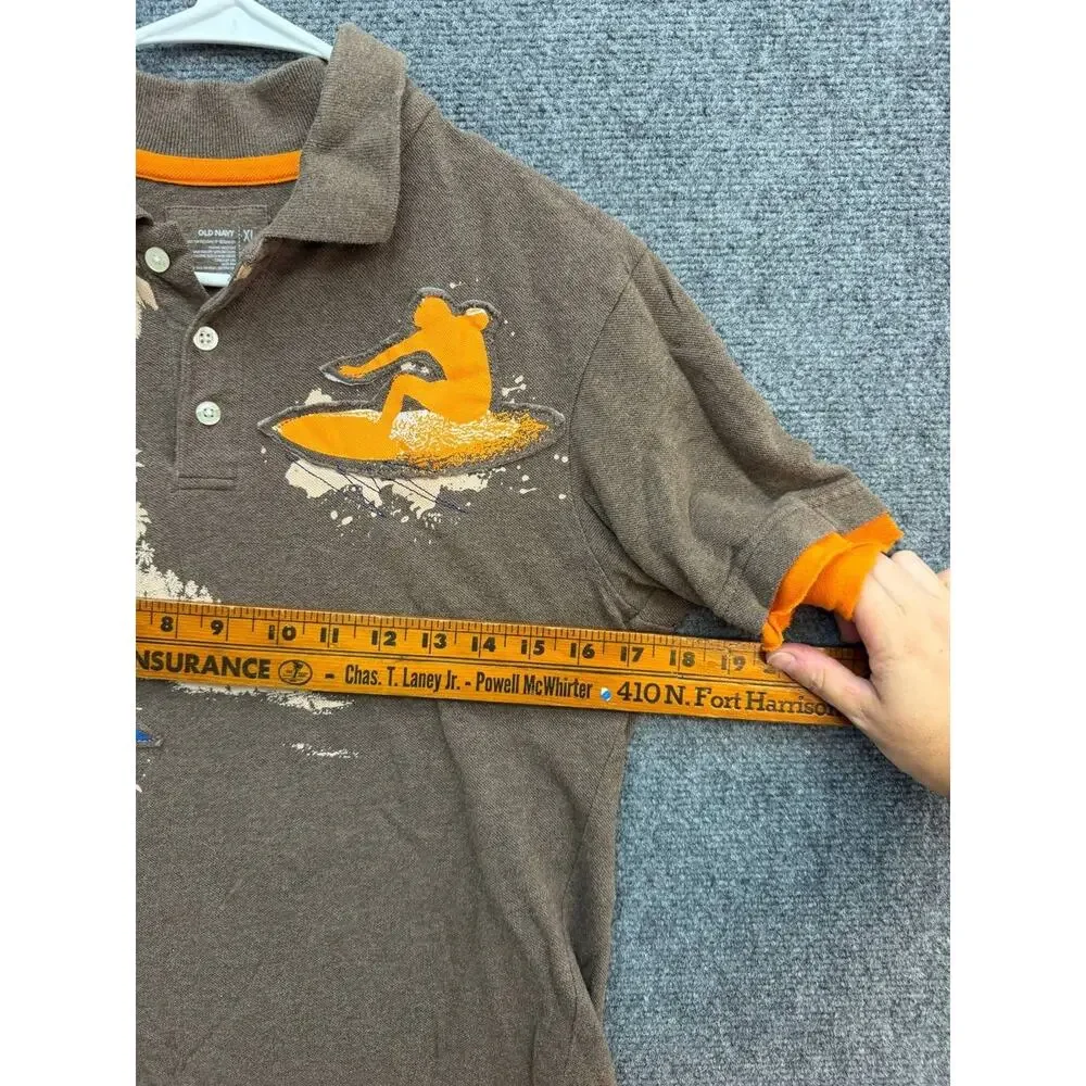 Vintage Y2K Old Navy Boys Surfing Graphic Polo Shirt XL 14-16 Brown
